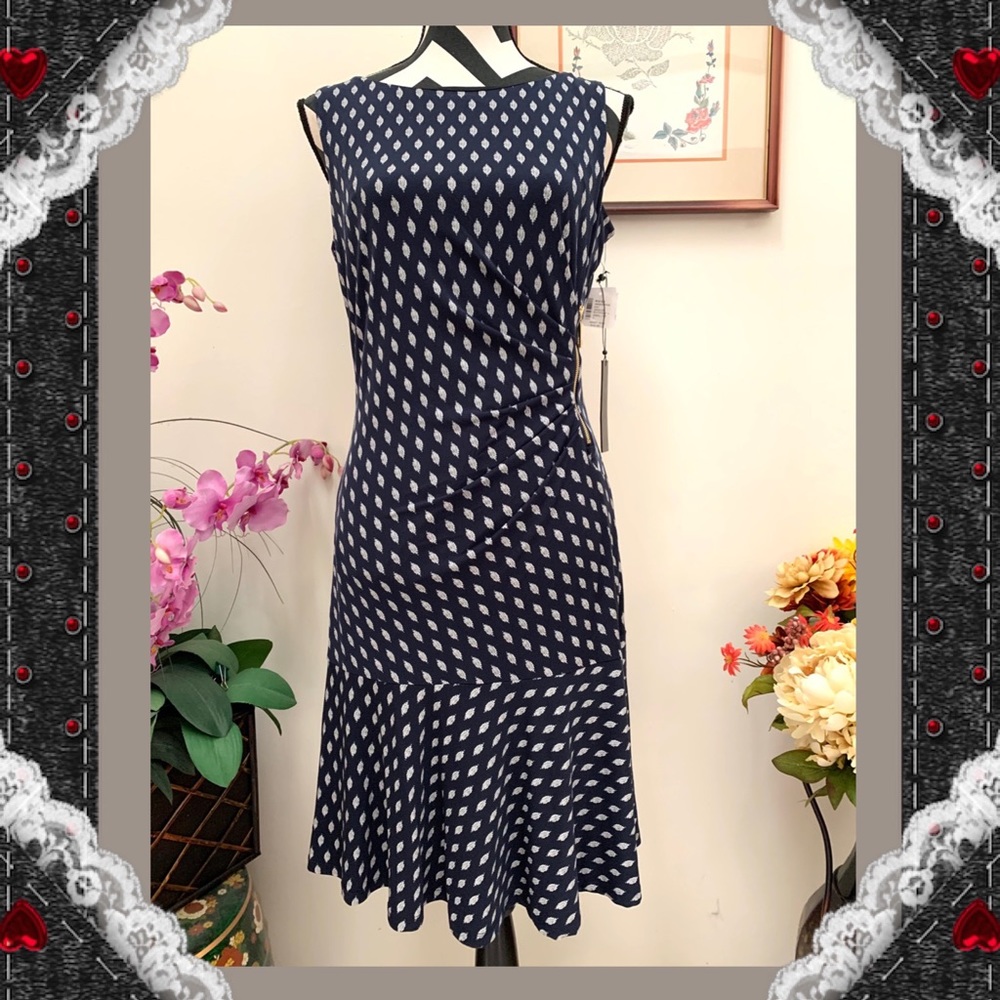 Ivanka Trump Side Zip Ruched Ruffle Print Dress - Picture 2 of 9